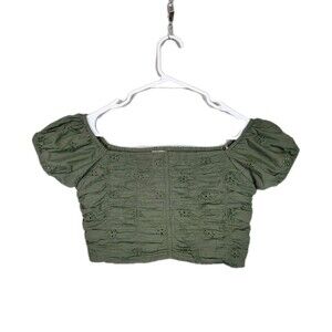 Aeropostale Crop Top Blouse Sz M Green Eyelet Ruched Puff Sleeve Fairy Grunge